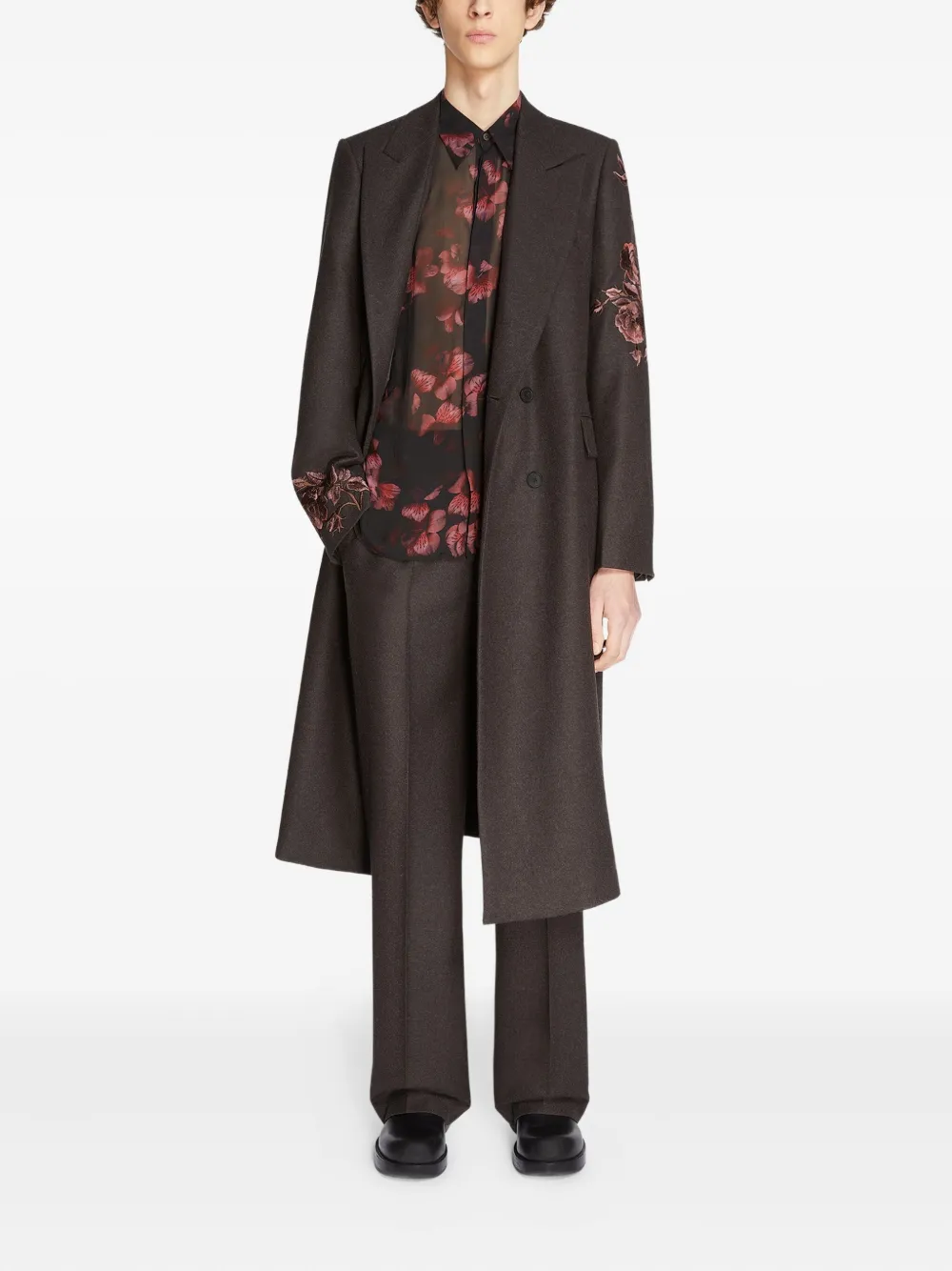 Шерстяное пальто с цветочной вышивкой Dries Van Noten, коричневый — фото 2