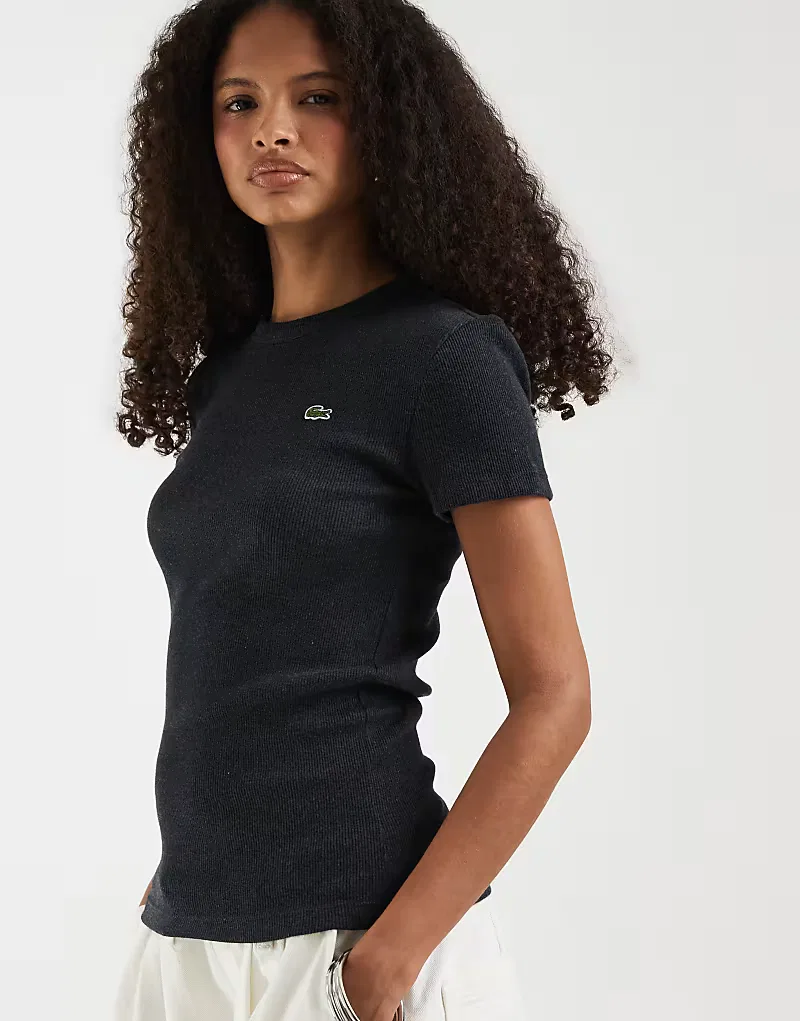 Хлопковая футболка Lacoste в рубчик, угольно-серый — фото 2