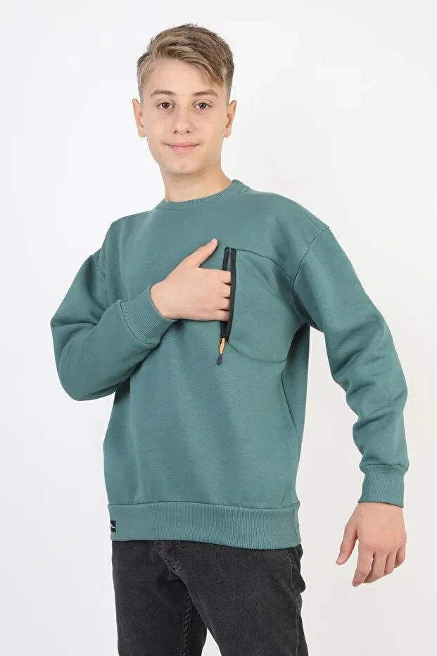 Детская толстовка для мальчиков с принтом Crew Neck Boys' Sweatshirt with Pocket Zipper Detail Newkids, Green