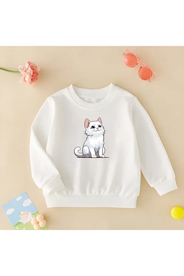 Детское для девочек свитшот с принтом Cute White Cat Cda, White