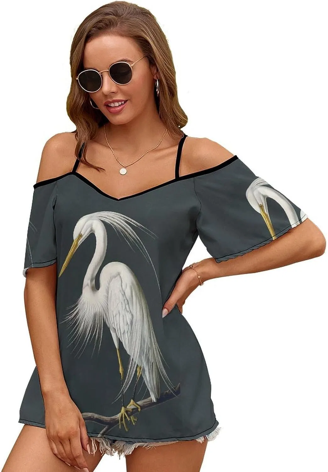 Женское платье-футболка с открытыми плечами Great Egret, Style