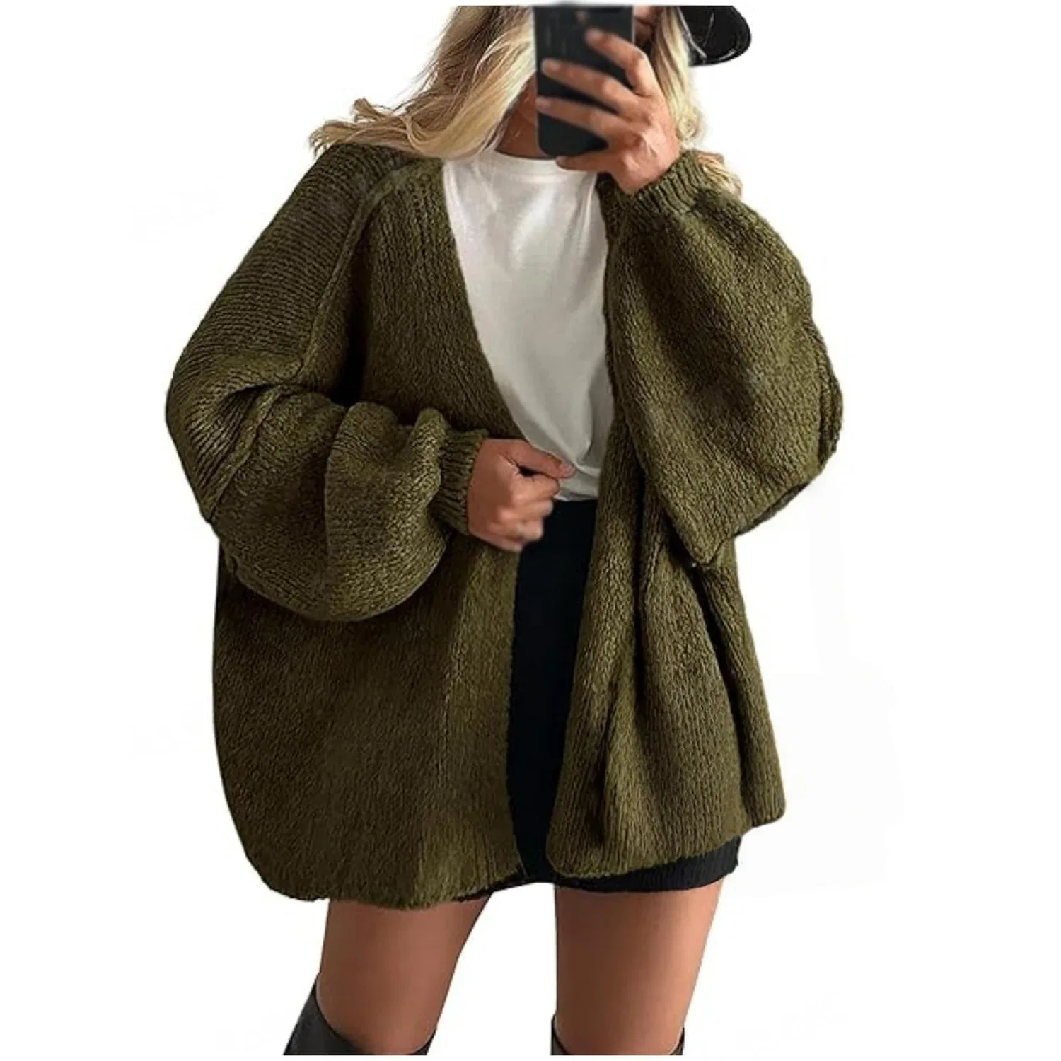 Женский удлиненный кардиган с фактурной вязкой и рукавом-фонарик, Green
