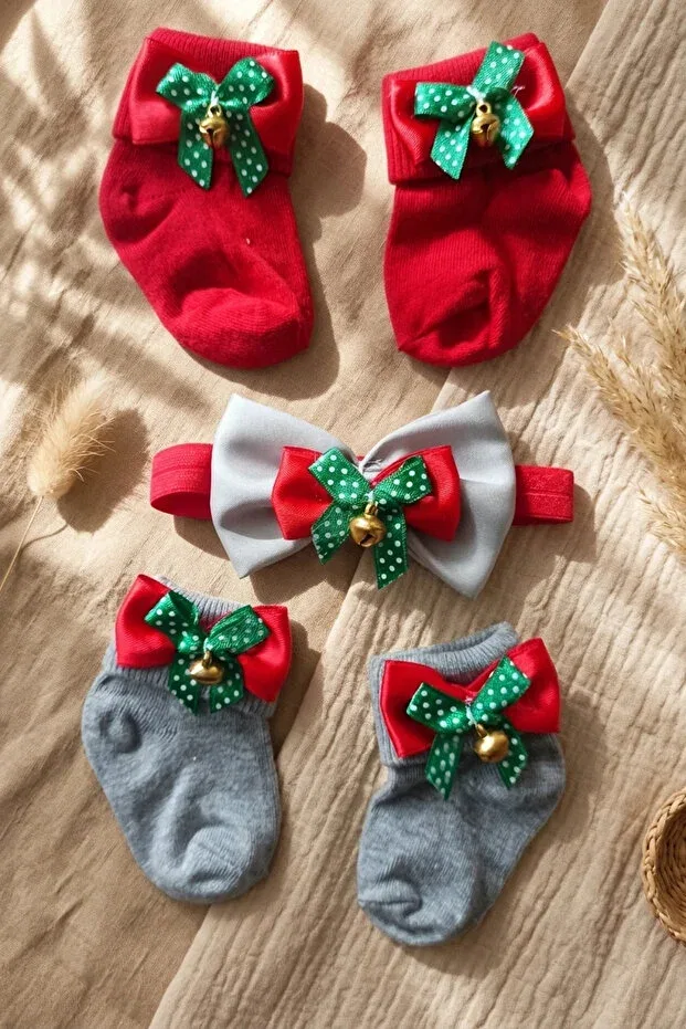 Детский комплект новогодних носков с рюшами и бантом Merry bells Babydonat, Red
