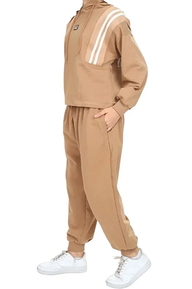 Детский спортивный костюм для девочек полосатый с капюшоном Girl'S Stripe Striped Detail Hooded Jogger Model Irem Çocuk Giyim, Light Brown — фото 3
