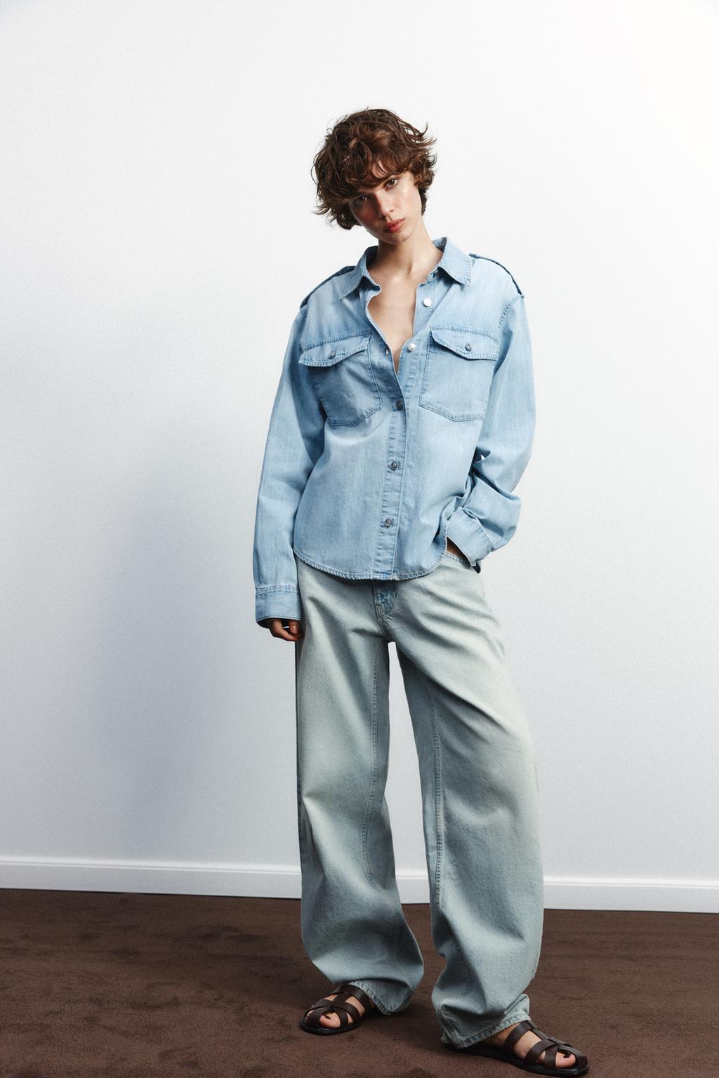 

Джинсовая рубашка trf с эполетами ZARA, небесно-синий