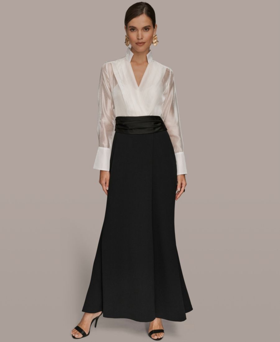 

Женское бальное платье с V-образным вырезом и длинными рукавами Donna Karan New York, Cream/Black