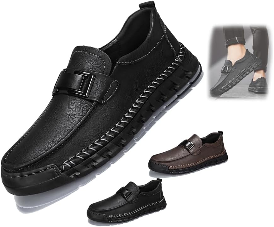 

Мужские повседневные кожаные лоферы без шнурков, ортопедическая обувь для баланса, модные туфли с металлической пряжкой, универсальные, противоскользящие, на плоской подошве для прогулок Generic, черный