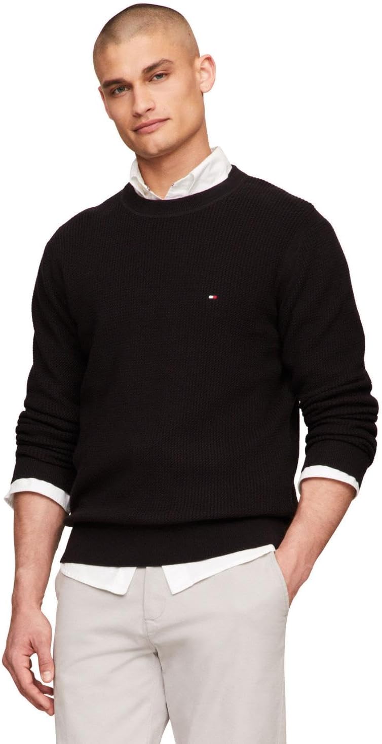 

Мужской свитер Tommy Hilfiger с вафельной вязкой и круглым вырезом, легкий пуловер, также доступен в размерах для больших и высоких женщин., Black