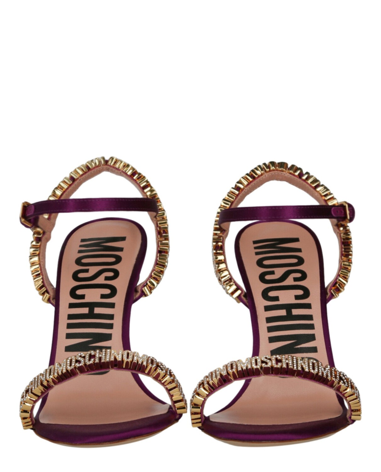 

Атласные босоножки на каблуке с кристаллами и логотипом Moschino, цвет Raspberry