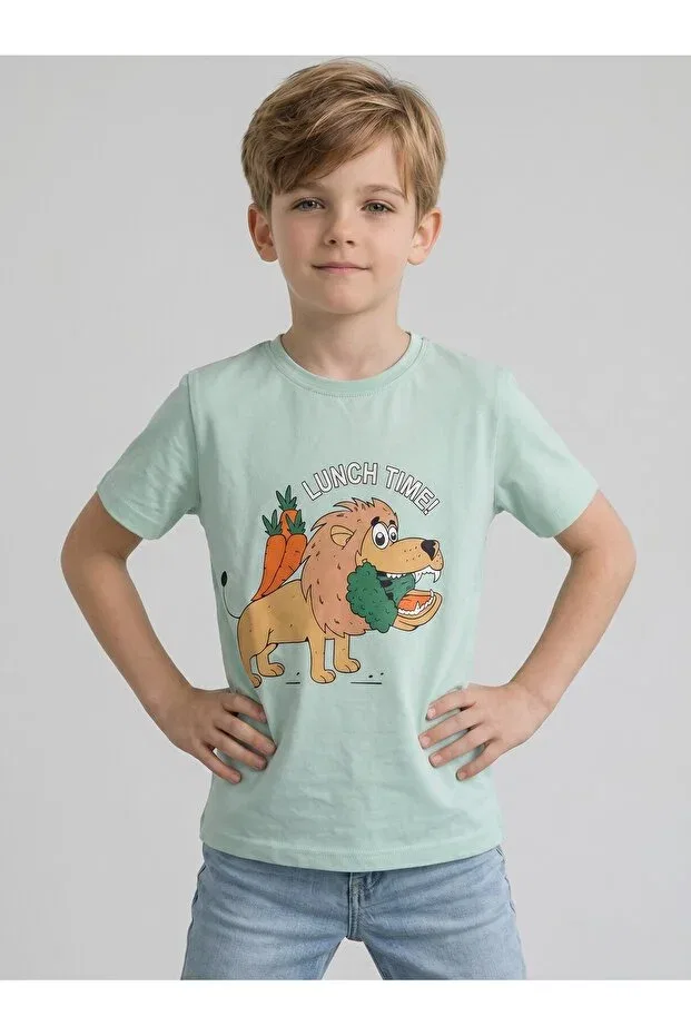 Детская футболка с принтом Cotton Vegan Lion Lunch Edoy, Water Green
