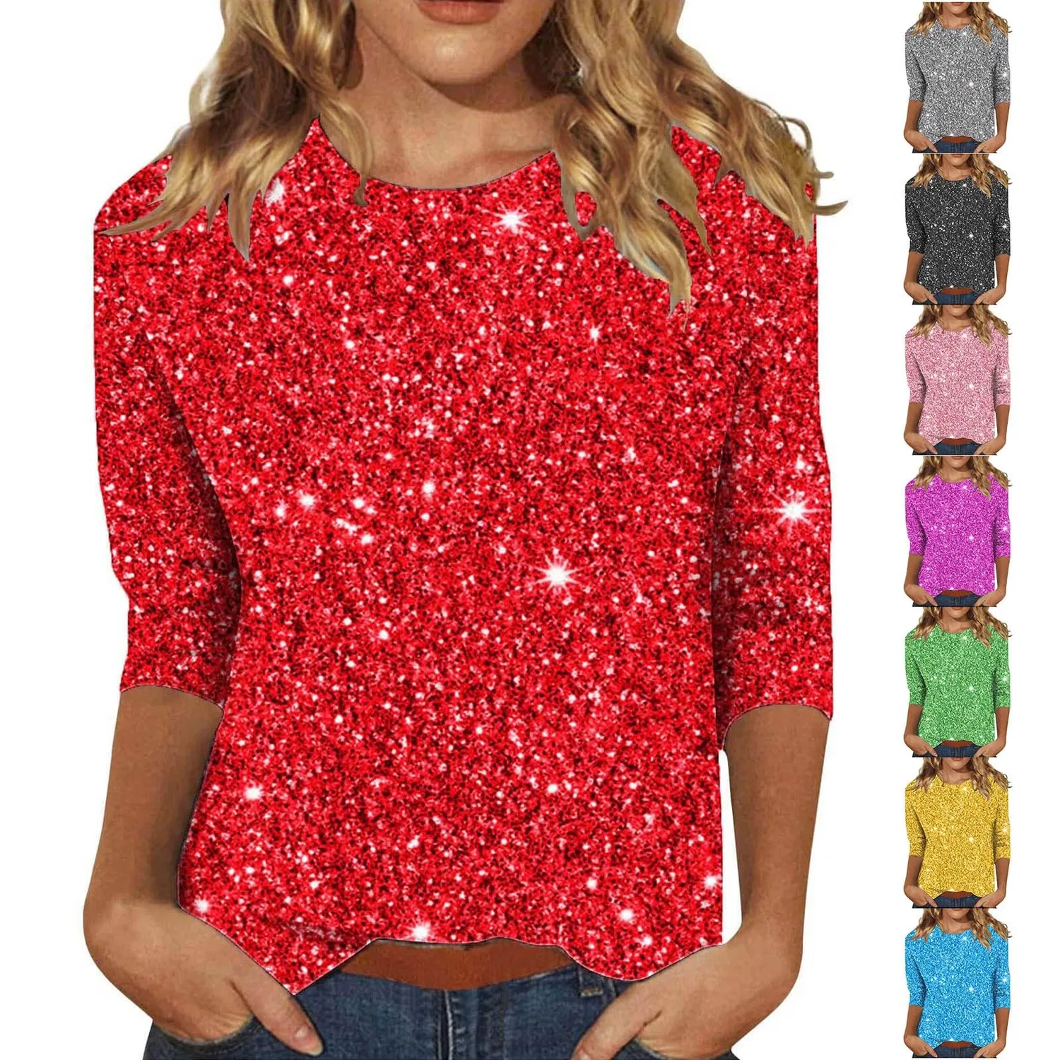Женская футболка с блестками V-образным вырезом Retro Top, Red