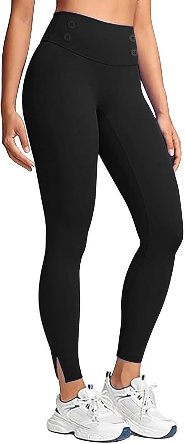 

Button Down High Wasit Yoga Leggings for Women:Casual Fleece Lined Long Pants Side Slit Slimfit Winter Trousers