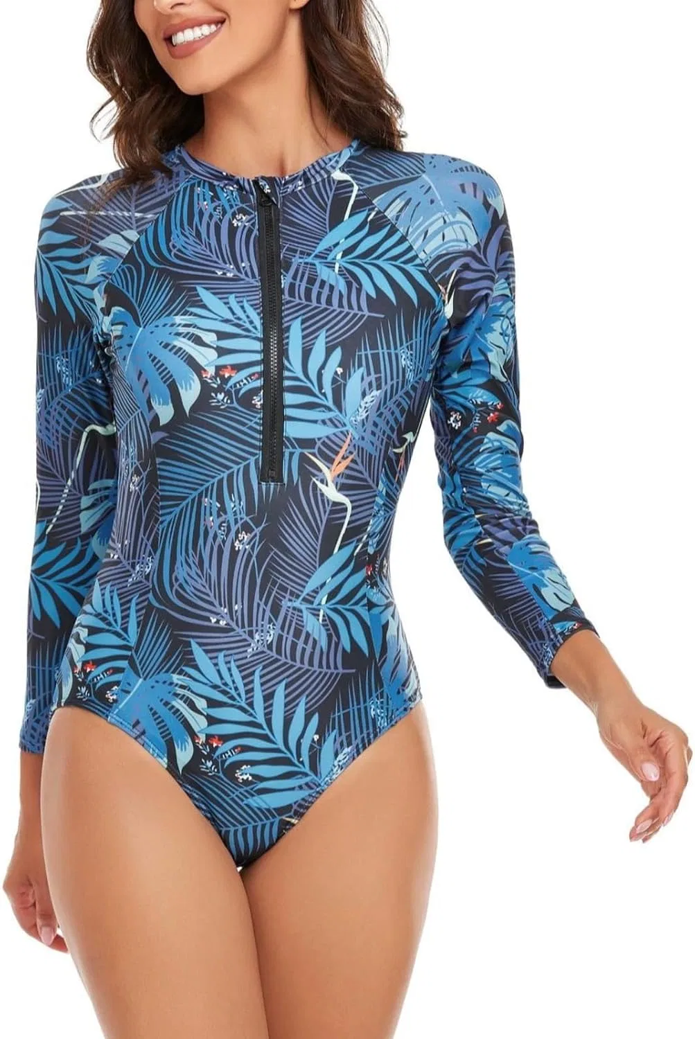Женский слитный купальник с принтом и zip-застежкой Slim Fit, Blue — фото 3