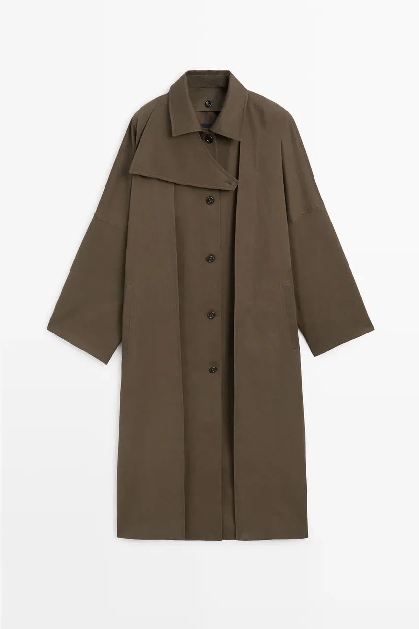 Пальто Massimo Dutti Cotton Blend Trench With Side Splits, коричневый