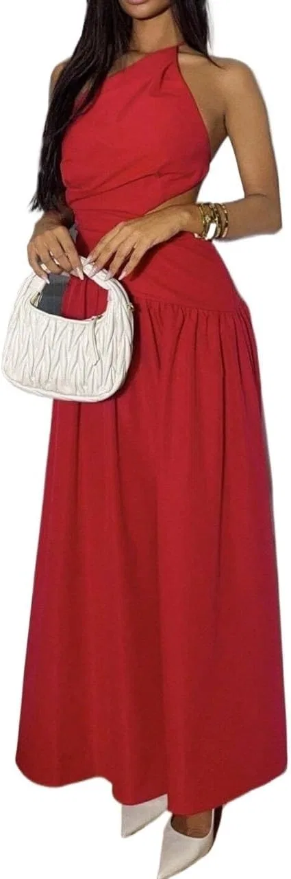 Женское длинное платье на бретельках с вырезом A Line, Red