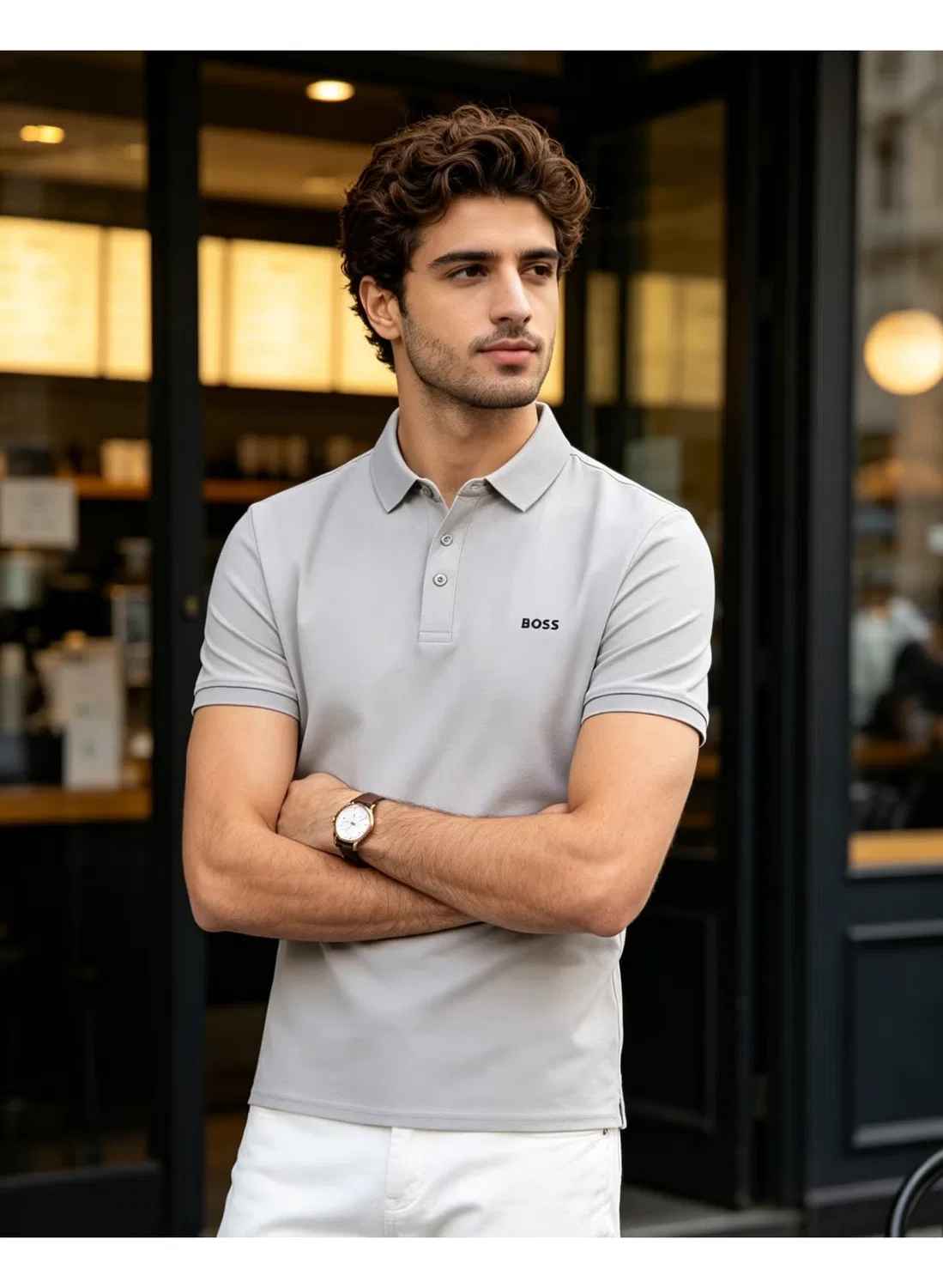 Поло мужское с коротким рукавом, светлый серый Boss — фото 2