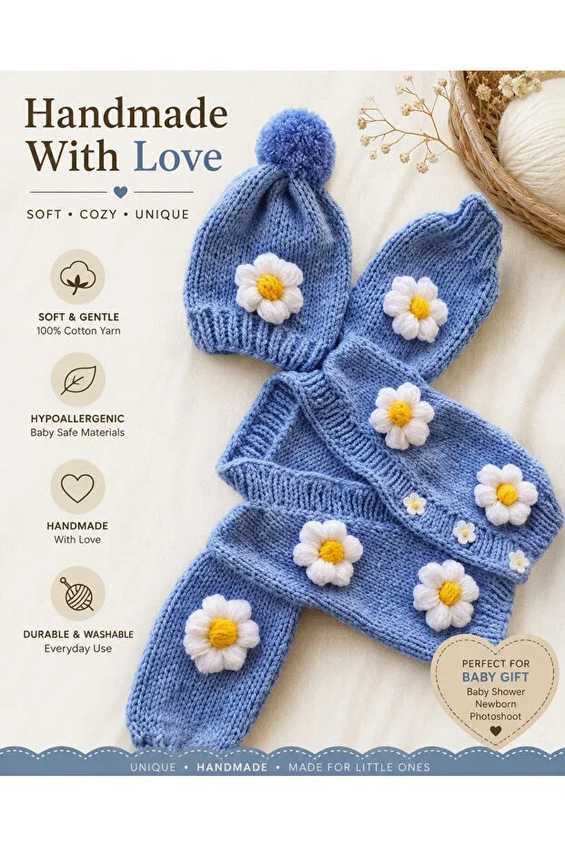 Детский кардиган с цветочным принтом Care Hand-Knitted baby cardigan handmade Hobilanka, Blue — фото 3
