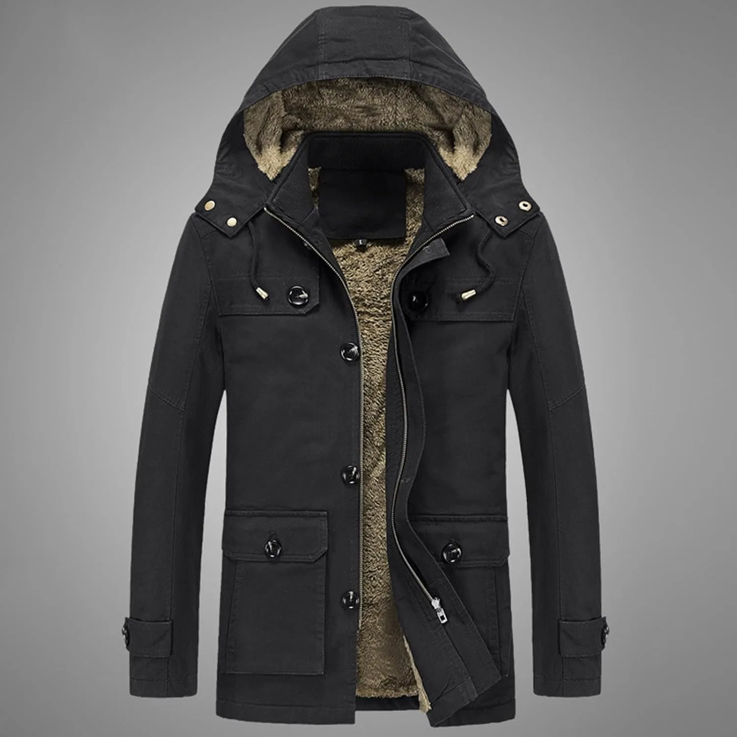 Мужское длинное пальто-тренч однобортное с капюшоном, на молнии, зимнее, Casual, чёрный — фото 2