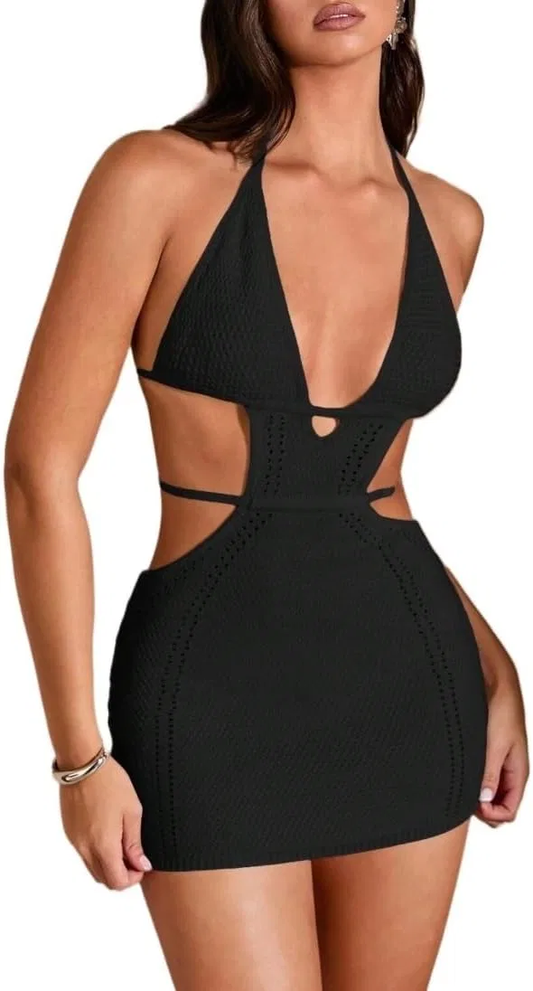 Женское сексуальное платье миди с открытой спиной Knit, Black