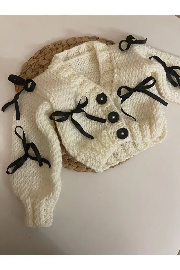 Детский кардиган с V-образным вырезом Handmade bow cardigan Örgü, Nude Color