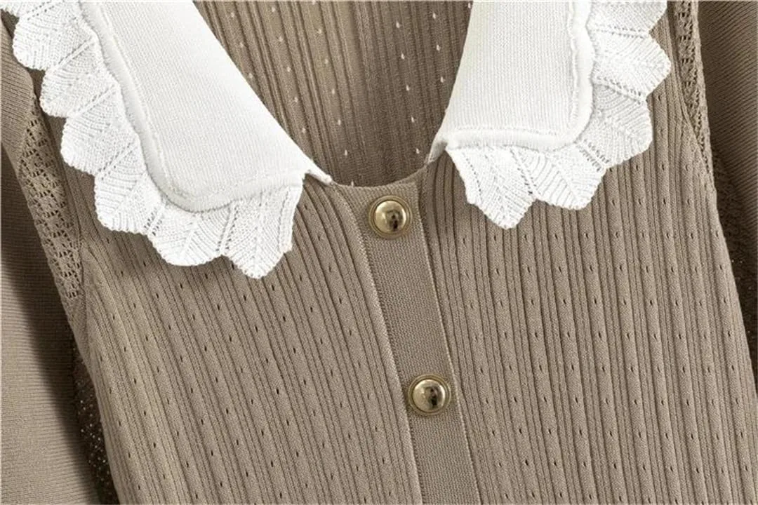 Женское вязаное платье с отложным воротником однобортное, White — фото 3