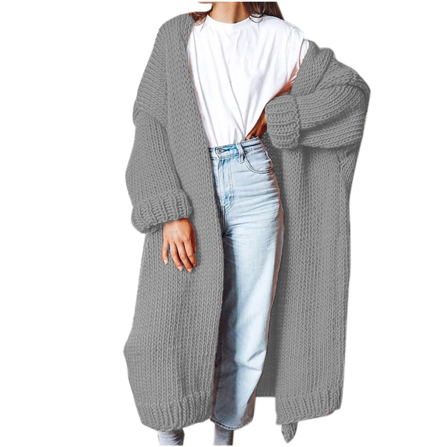 Женский длинный кардиган крупной вязки с длинным рукавом, Grigio