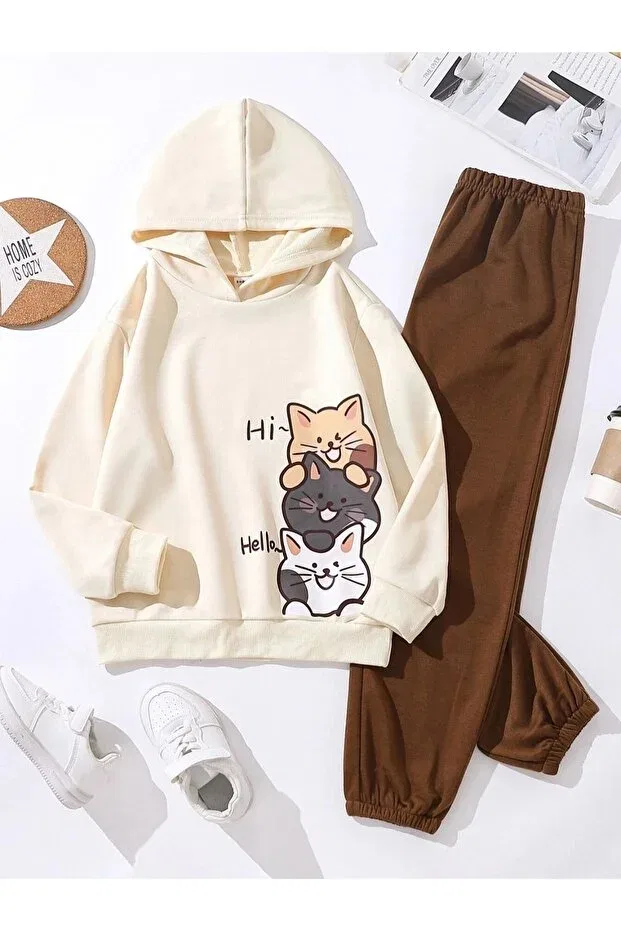 Детский комплект свитшот-брюки с принтом Hi cats printed ecru hooded special design kids tracksuit set Keywest, Ecru Brown