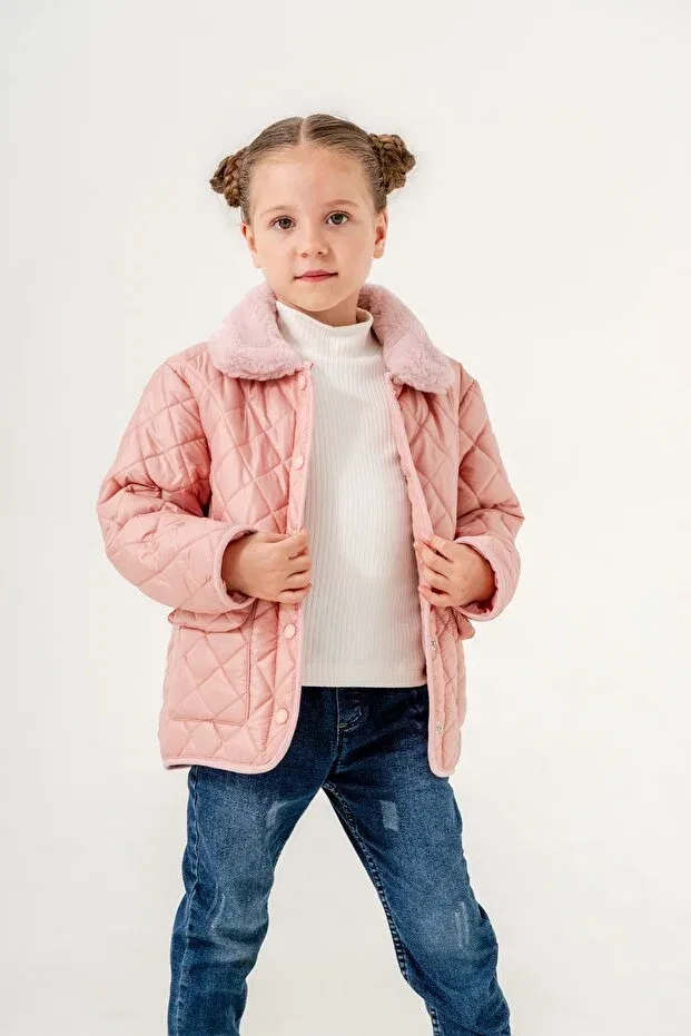 Детское пальто для девочек стеганое Quilted collar plush girl coat / jacket Gocoland, Pink