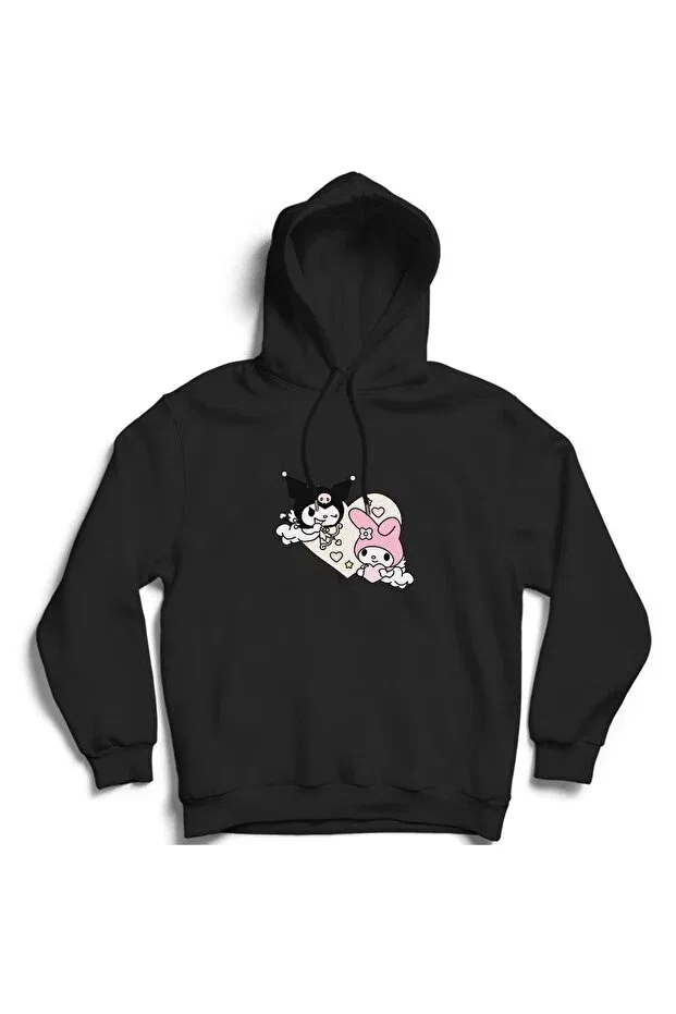 Детское худи для девочек с принтом Kuromi and melody, kitty, heart The Fame, Black