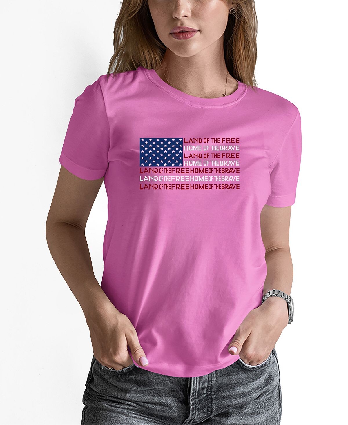 

Женская футболка с надписью land of the free american flag word art LA Pop Art, розовый