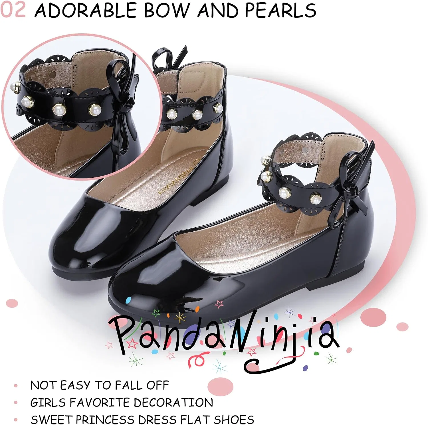 Детские балетки для девочек с жемчугом PANDANINJIA, Black Patent — фото 4