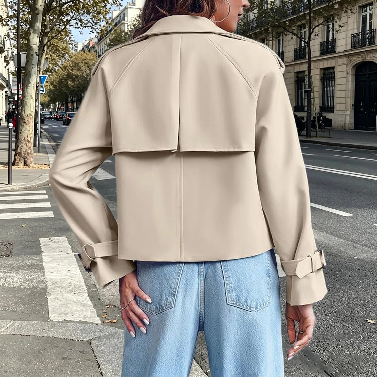 Женское короткое пальто-тренч с двубортной застежкой и длинным рукавом, Beige — фото 3