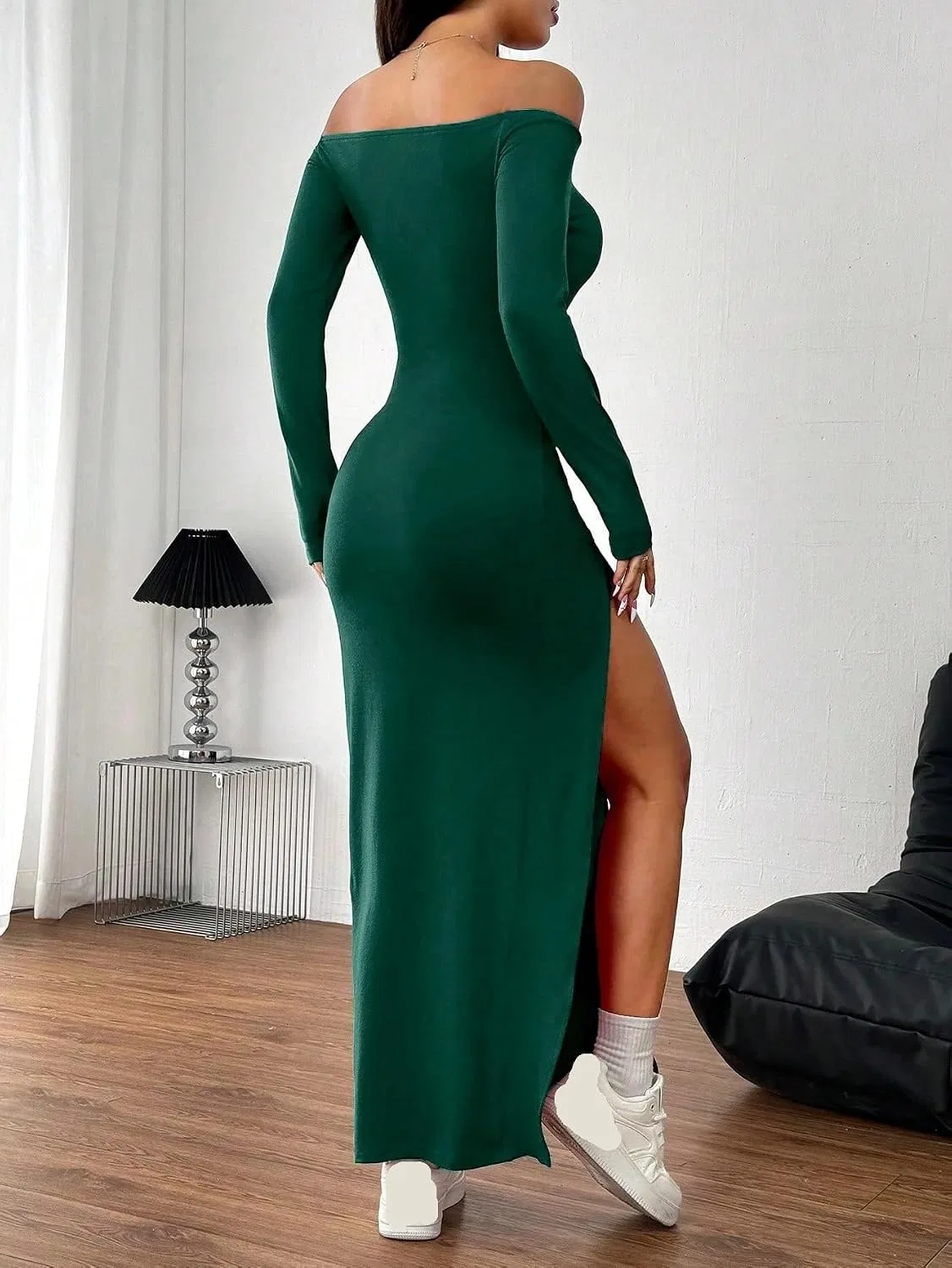 Женское облегающее макси-платье с разрезом Off Shoulder, Dark Green — фото 2