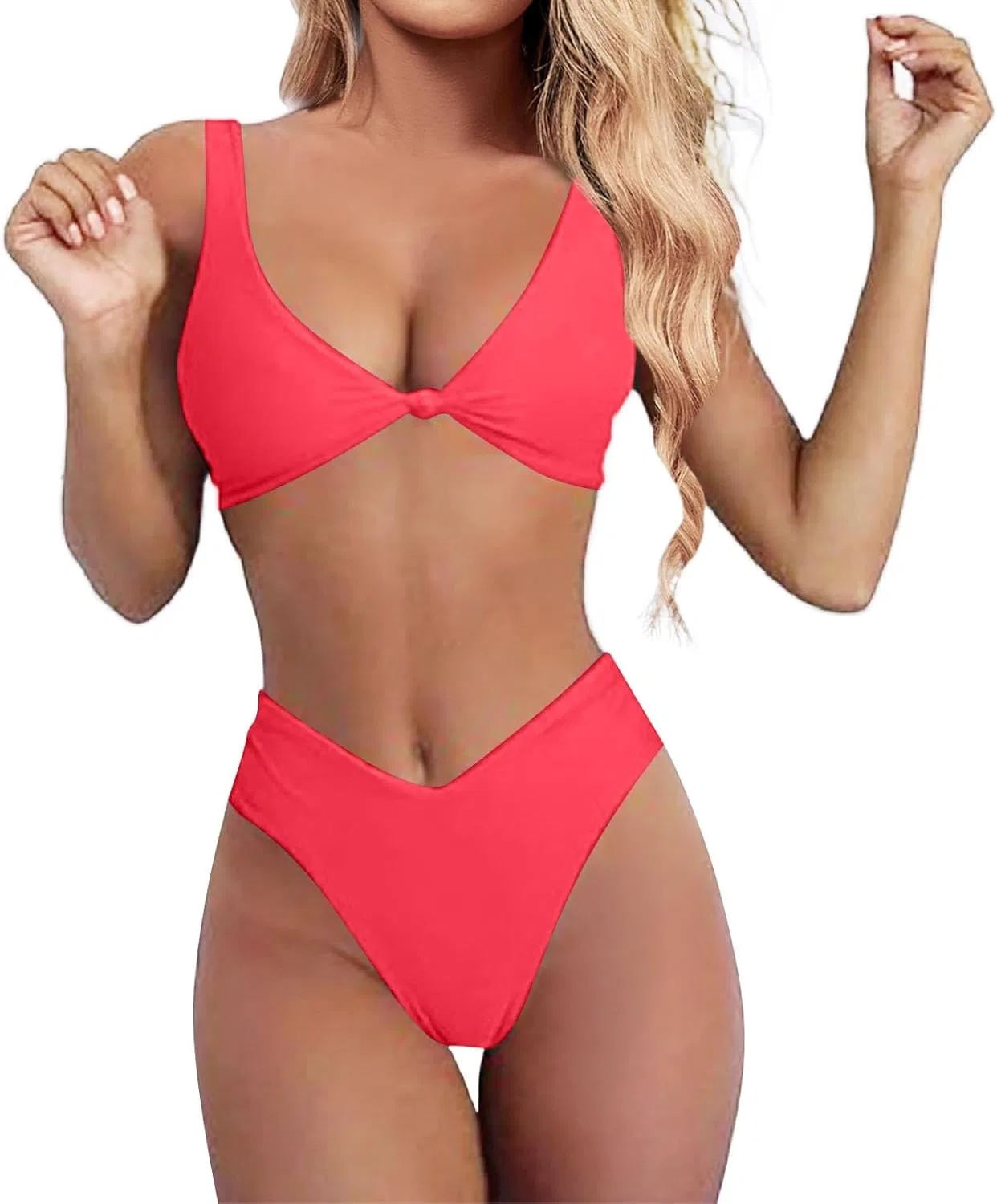 Женский бикини-сет с V-образным вырезом и пуш-ап Knot Front, Watermelon Red