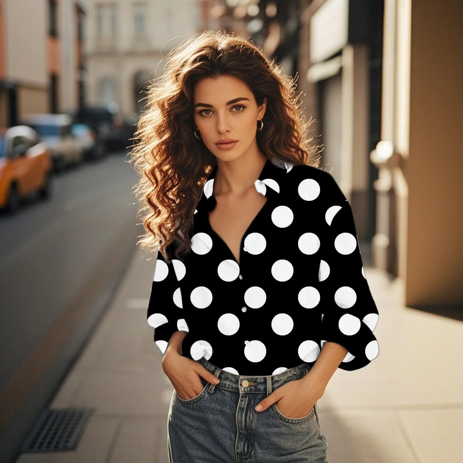 Женская блуза с V-образным вырезом, с принтом в горошек, Women Button Blouses V Neck Classic Polka Dot Collar Casual Long Sleeve Tops, Black — фото 2