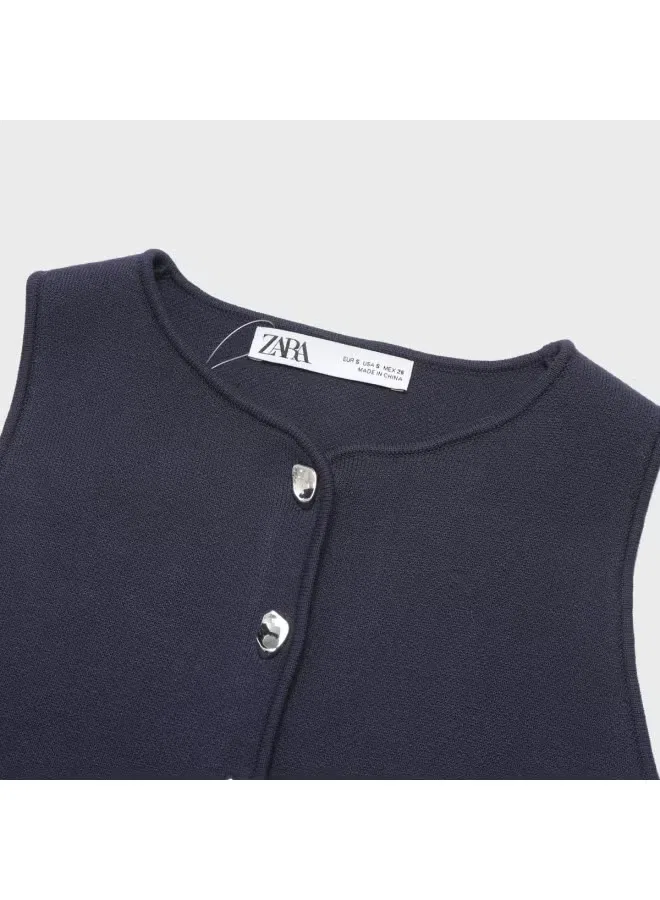 Кардиган вязаный без рукавов Zara, темно-синий — фото 4