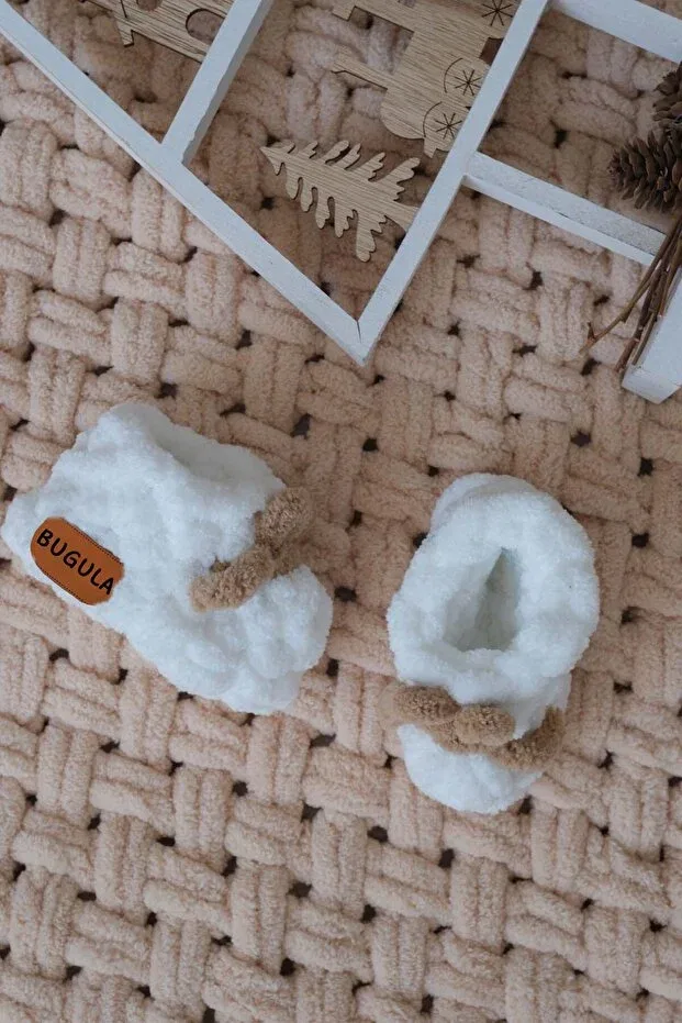 Детские пинетки для новорожденных текстильные First Step Shoes Bugula, White - Brown