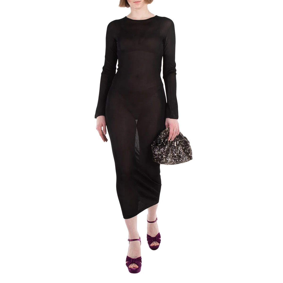 Платье миди трикотажное с разрезами на спине Knit Slashed Back Transparent Midi Dress Versace, Black — фото 4
