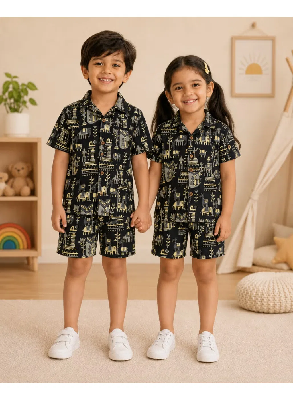 Комплект детский с принтом сафари с коротким рукавом Midnight Safari Matching Family Outfits, черный