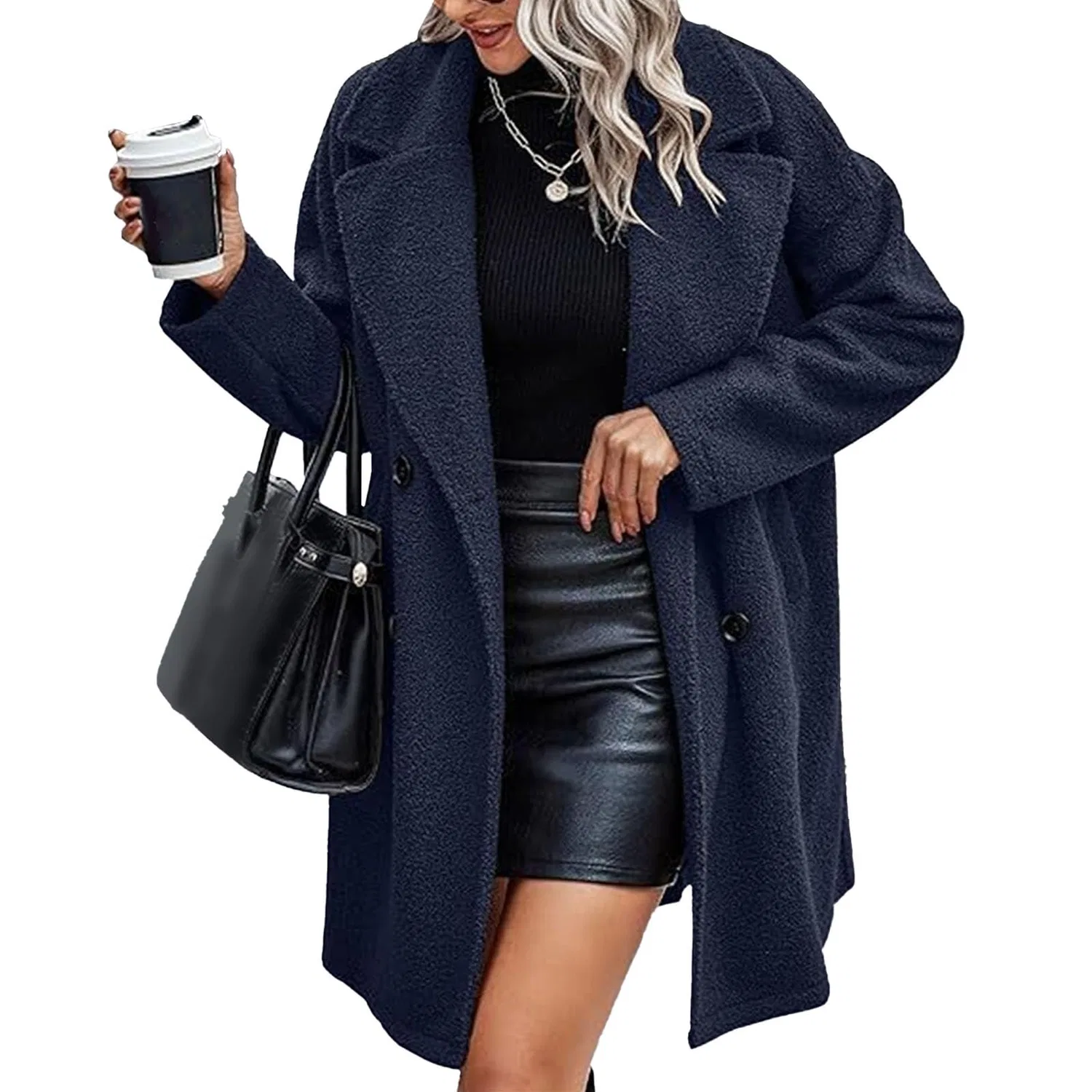 Женское зимнее пальто из искусственного меха с отворотом и длинным рукавом, Blu navy