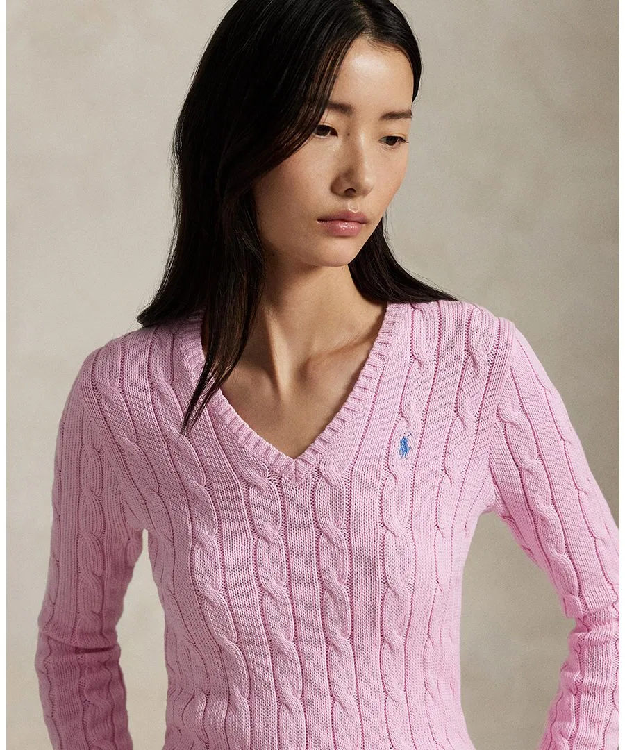Свитер с V-образным вырезом, с косами, Slim Fit Polo Ralph Lauren, Carmel Pink — фото 4
