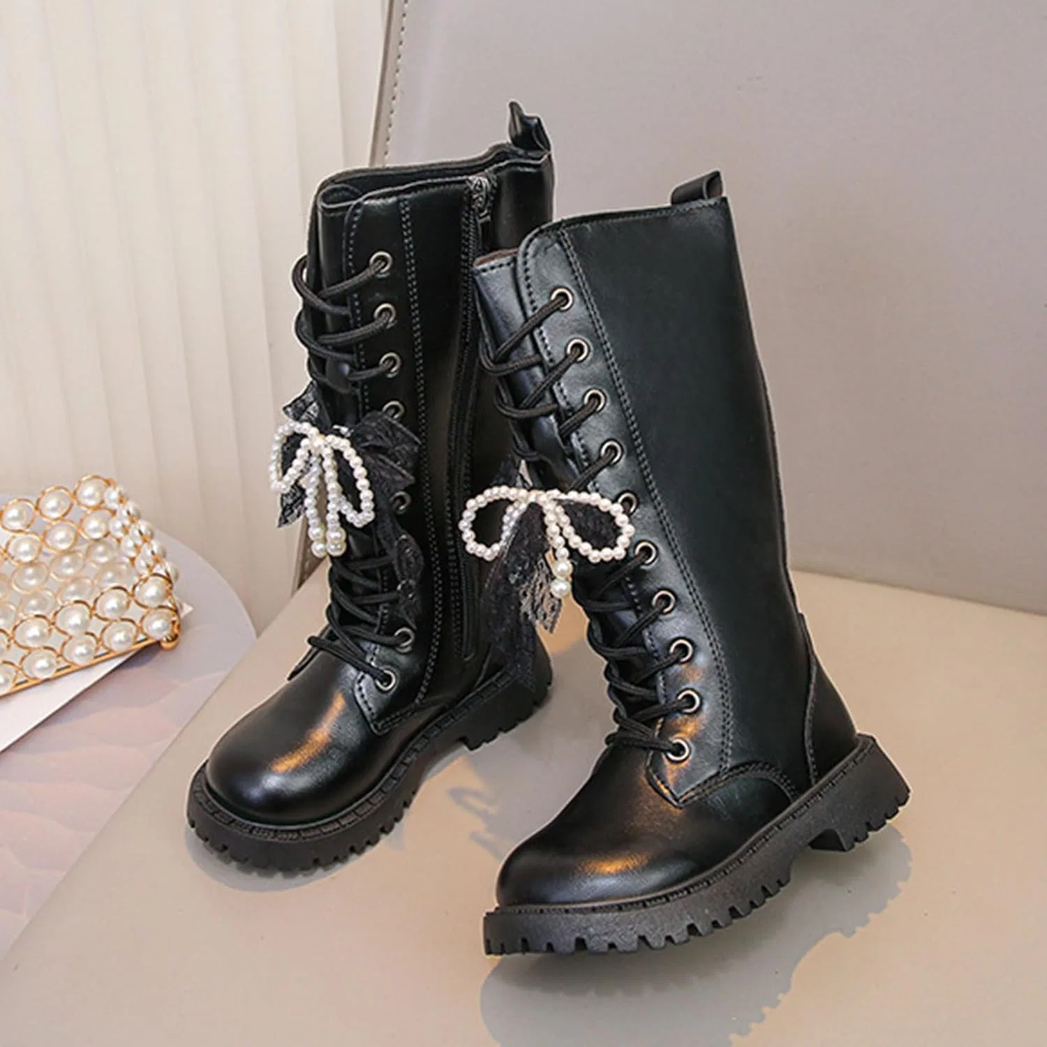 Детские ботинки на шнуровке с молнией, модель Combat Boots, Black — фото 2