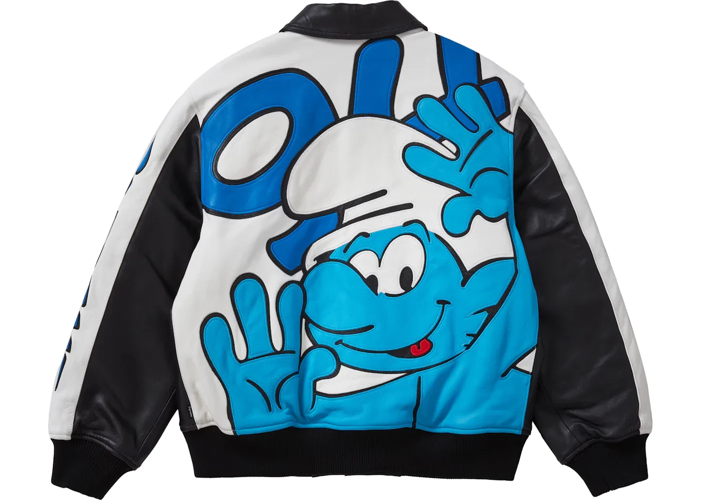 Мужская кожаная куртка Supreme Smurfs Leather Varsity Jacket, Black — фото 3