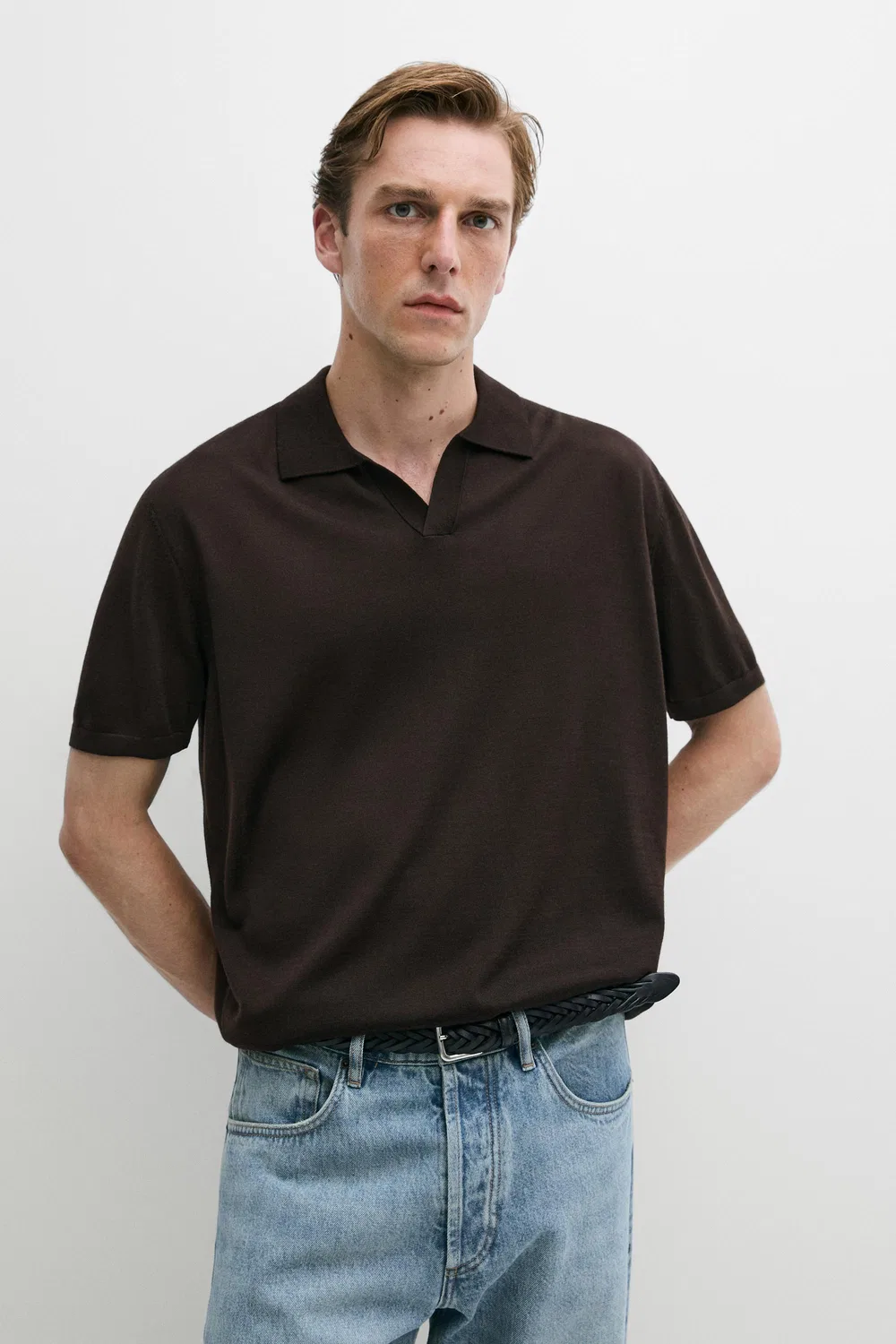 Поло рубашка Massimo Dutti, из шерстяной смеси, с коротким рукавом, коричневый — фото 2