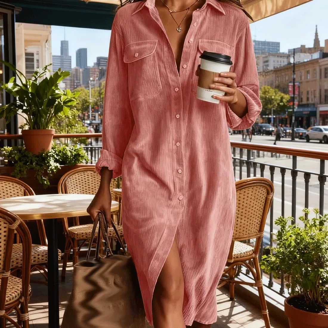 Женское платье-рубашка из вельвета, Corduroy Shirt Dress, розовый — фото 4