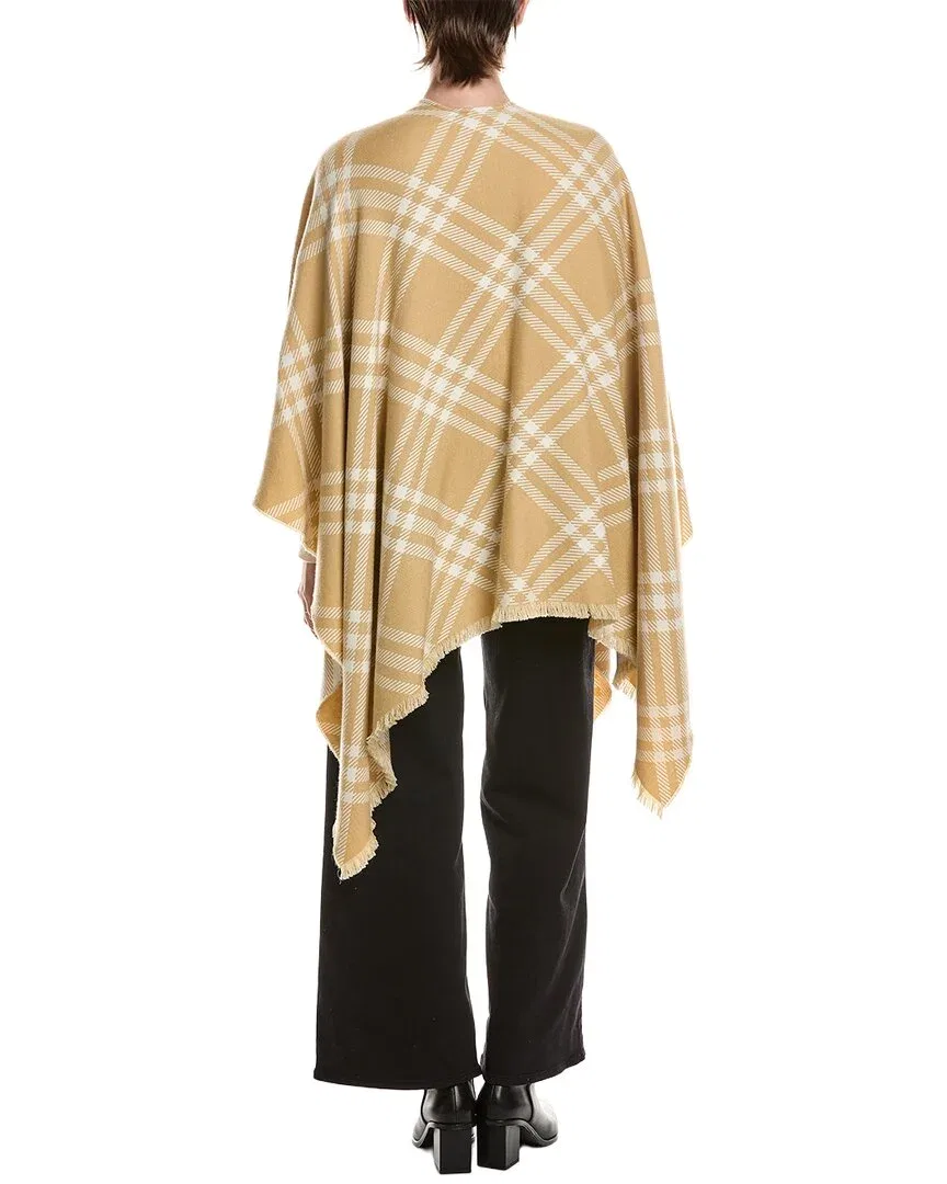 Женская накидка с бахромой Burberry Check Silk, Wool, & Cashmere-Blend Cape, Tan — фото 2