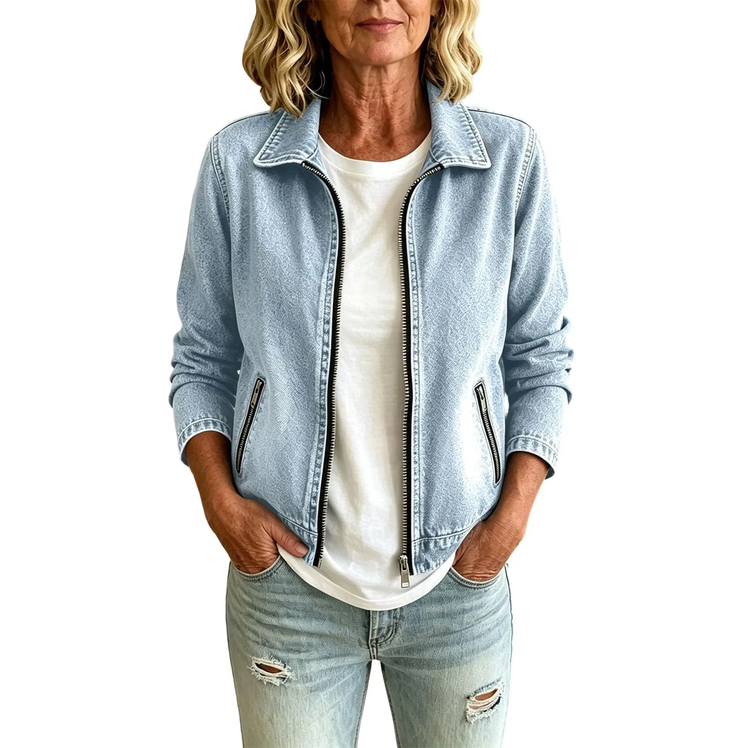 Женская джинсовая куртка с длинным рукавом, модель Uk invecchiato lavato boyfriend jeans, Azzurro 1