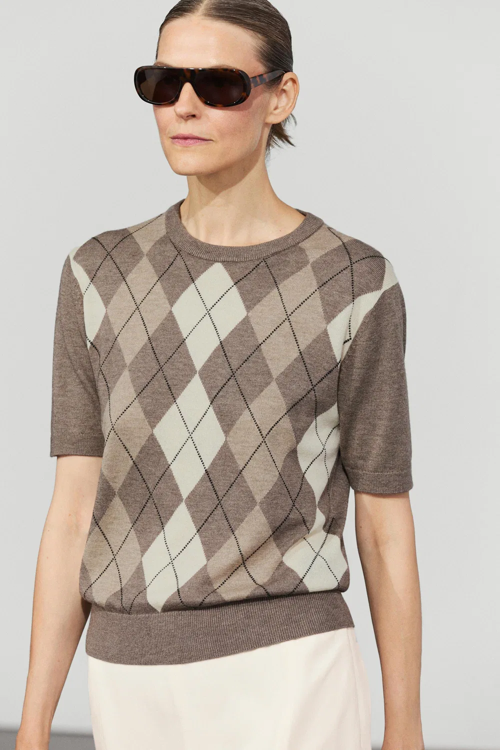 Свитер Massimo Dutti Short Sleeve Diamond-Pattern, серо-бежевый