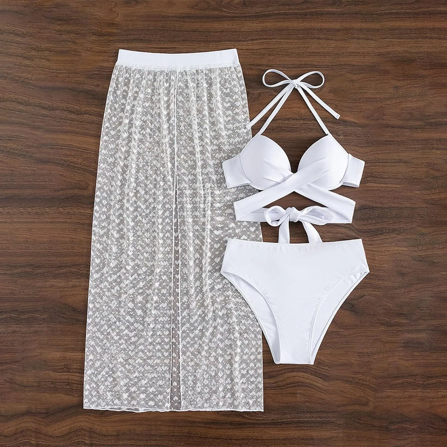 Женский бикини-комплект с завязками на шее и вырезами, Mesh Sarong Wraps, White — фото 4