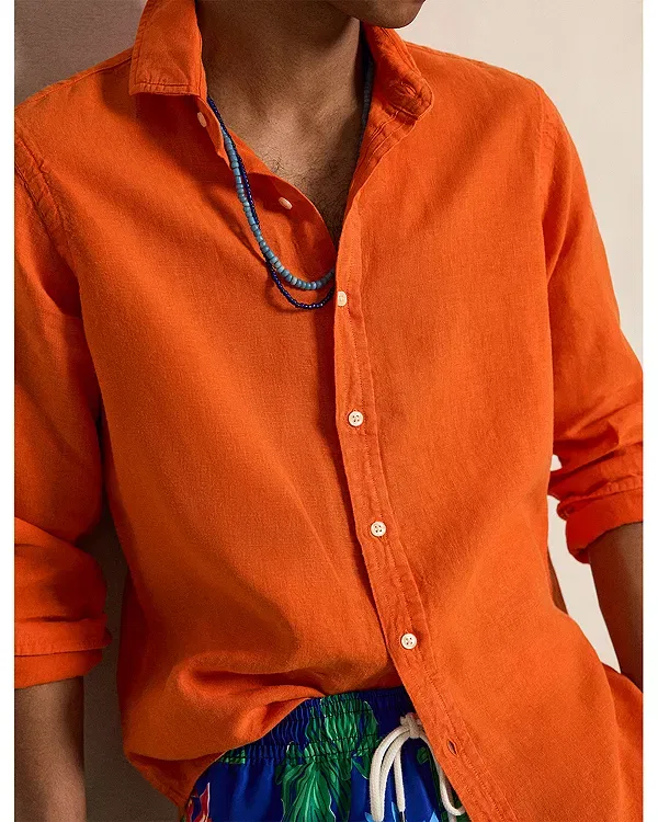 Мужская рубашка из льна Polo Ralph Lauren, оранжевый — фото 4